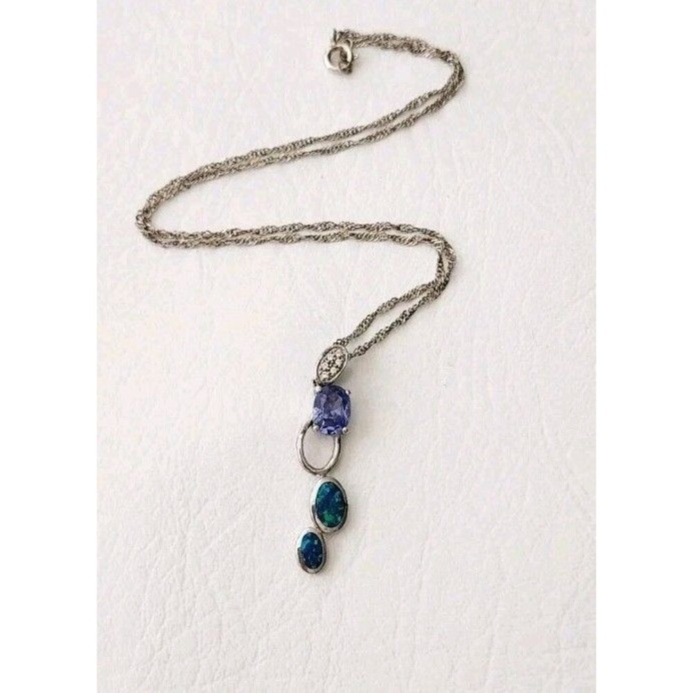 Vintage Blue Fire Opal CZ Tanzanite Pendant Sterling Silver TGI Necklace 1.5"